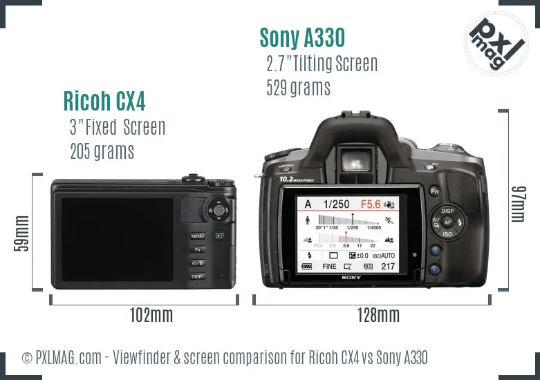 Ricoh CX4 vs Sony A330 Screen and Viewfinder comparison