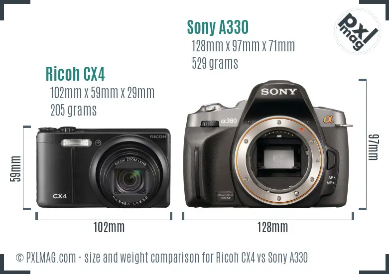 Ricoh CX4 vs Sony A330 size comparison