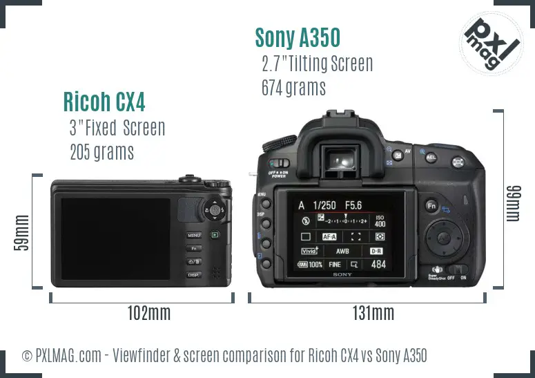 Ricoh CX4 vs Sony A350 Screen and Viewfinder comparison
