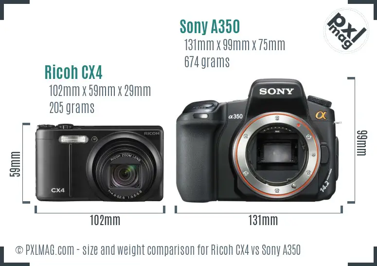 Ricoh CX4 vs Sony A350 size comparison