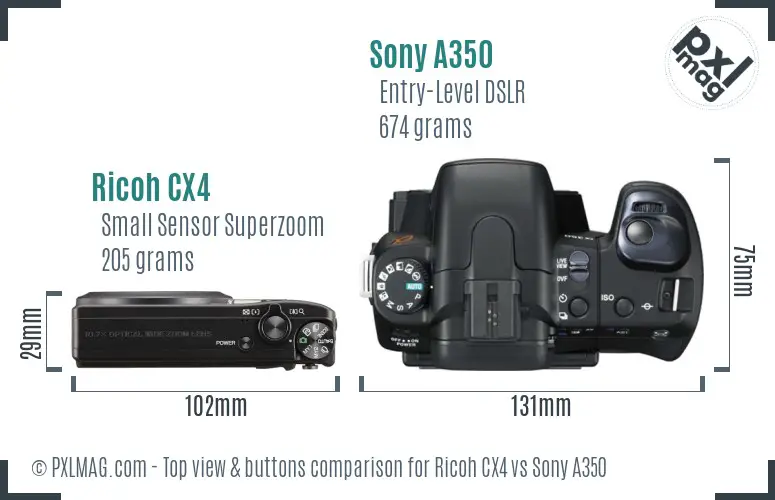 Ricoh CX4 vs Sony A350 top view buttons comparison