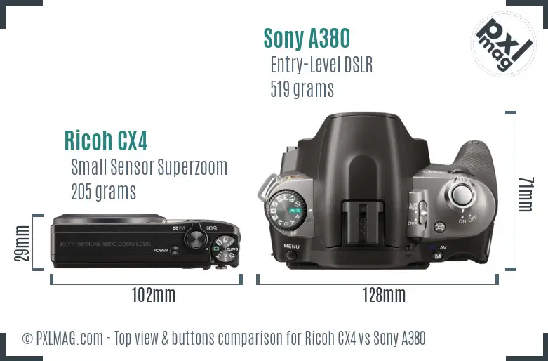 Ricoh CX4 vs Sony A380 top view buttons comparison