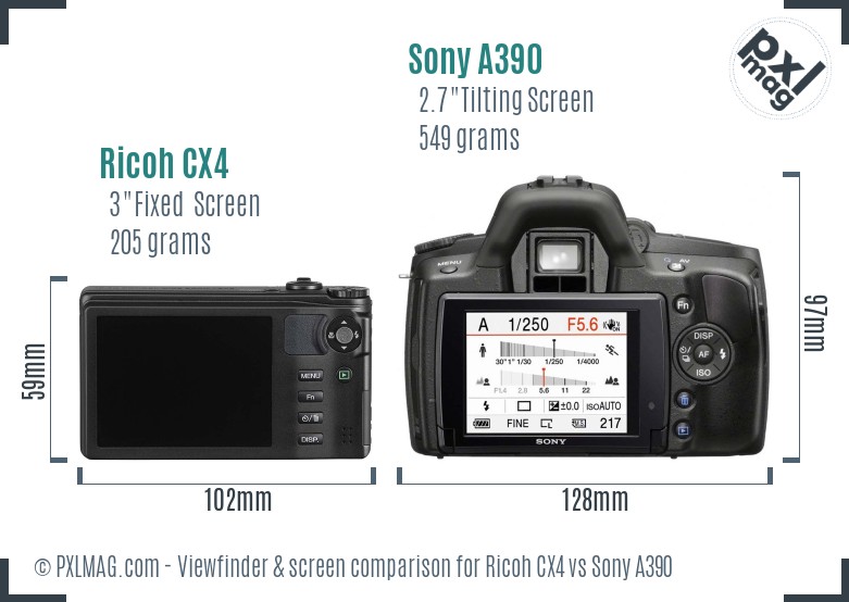 Ricoh CX4 vs Sony A390 Screen and Viewfinder comparison