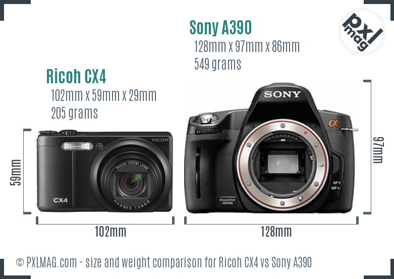 Ricoh CX4 vs Sony A390 size comparison