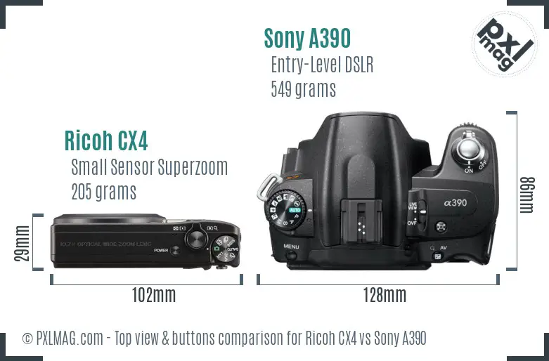 Ricoh CX4 vs Sony A390 top view buttons comparison