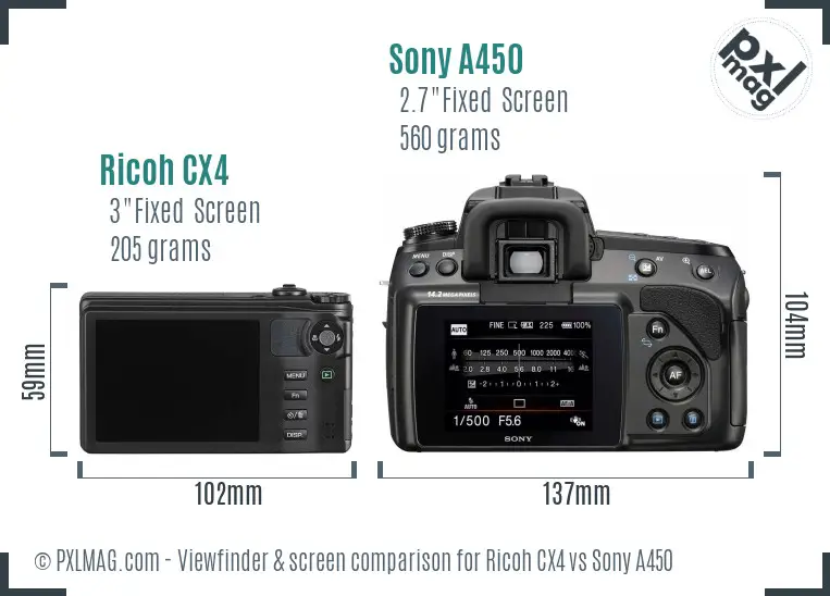 Ricoh CX4 vs Sony A450 Screen and Viewfinder comparison