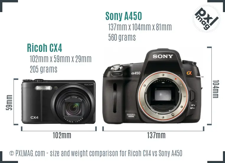 Ricoh CX4 vs Sony A450 size comparison