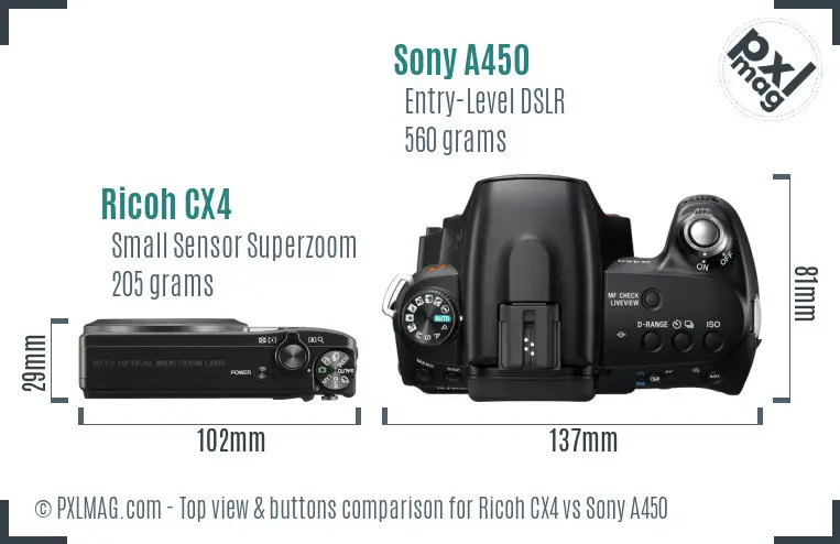 Ricoh CX4 vs Sony A450 top view buttons comparison