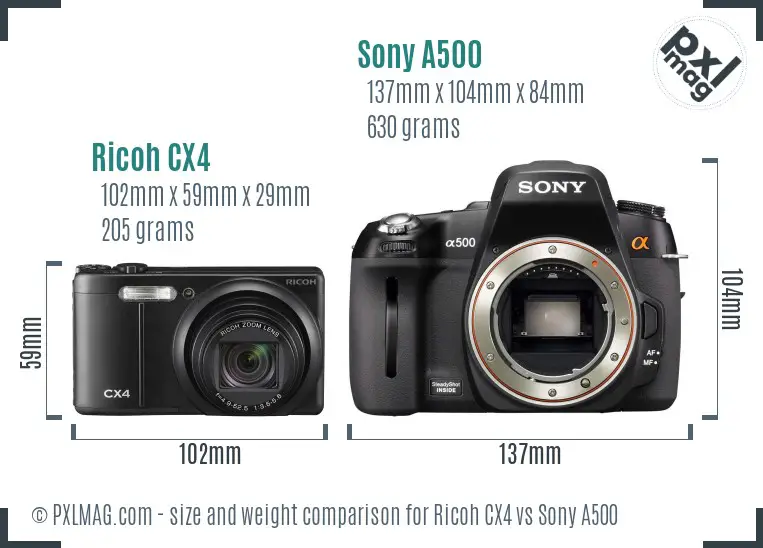 Ricoh CX4 vs Sony A500 size comparison