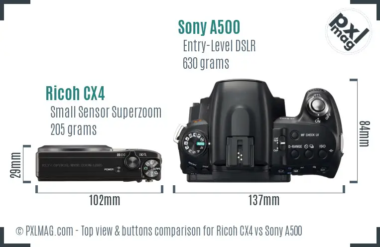 Ricoh CX4 vs Sony A500 top view buttons comparison