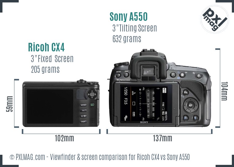 Ricoh CX4 vs Sony A550 Screen and Viewfinder comparison