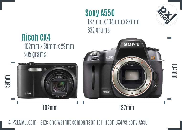 Ricoh CX4 vs Sony A550 size comparison