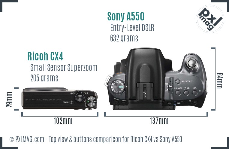 Ricoh CX4 vs Sony A550 top view buttons comparison