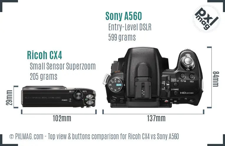 Ricoh CX4 vs Sony A560 top view buttons comparison
