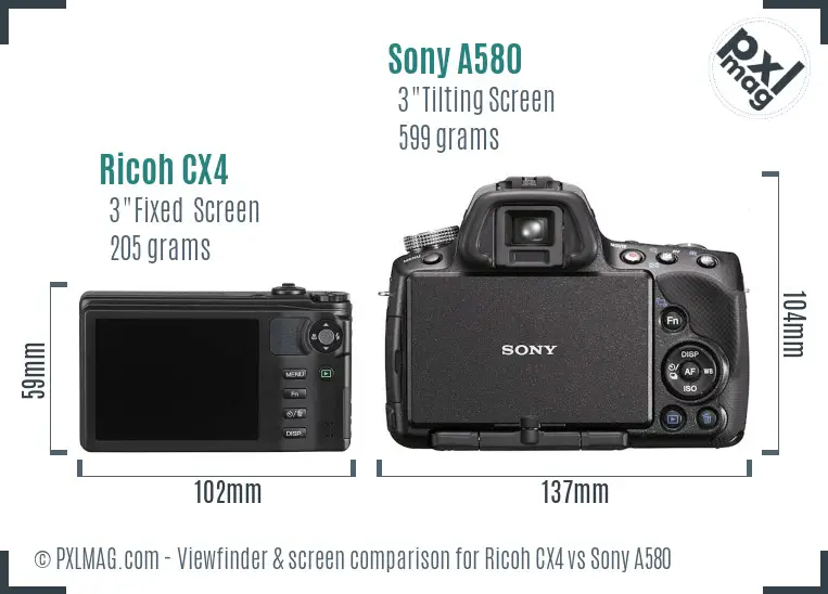 Ricoh CX4 vs Sony A580 Screen and Viewfinder comparison