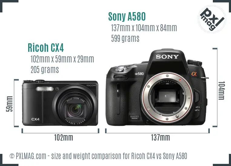Ricoh CX4 vs Sony A580 size comparison