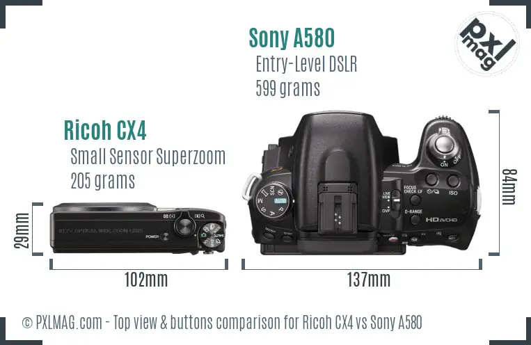 Ricoh CX4 vs Sony A580 top view buttons comparison