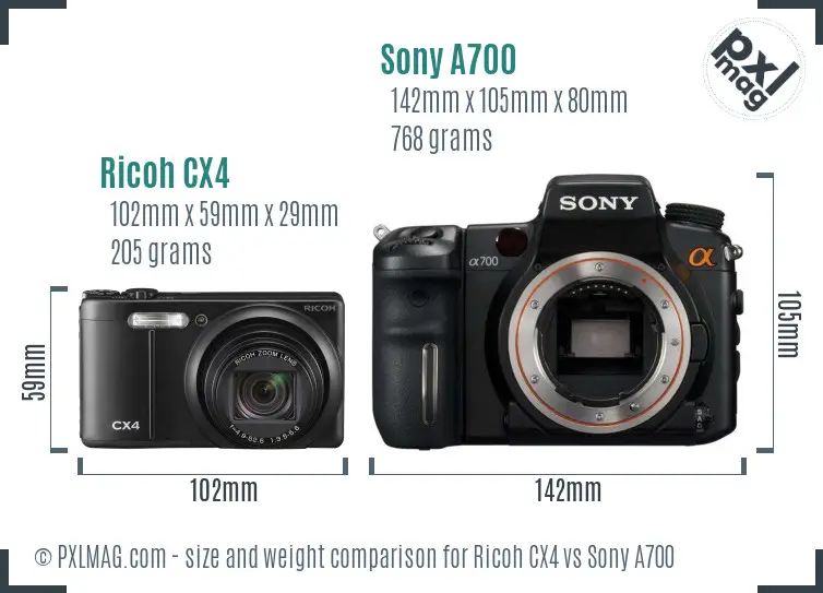 Ricoh CX4 vs Sony A700 size comparison