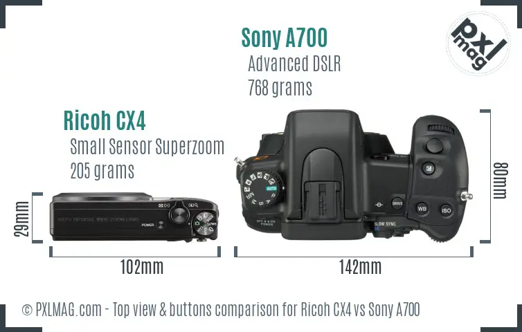 Ricoh CX4 vs Sony A700 top view buttons comparison
