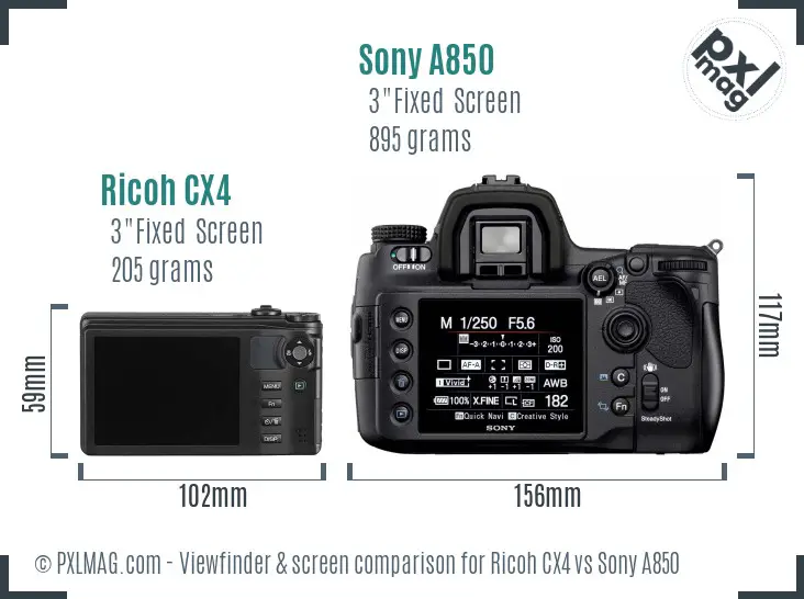 Ricoh CX4 vs Sony A850 Screen and Viewfinder comparison