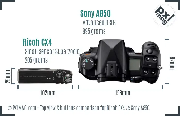 Ricoh CX4 vs Sony A850 top view buttons comparison