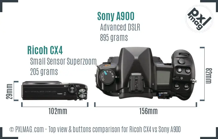 Ricoh CX4 vs Sony A900 top view buttons comparison