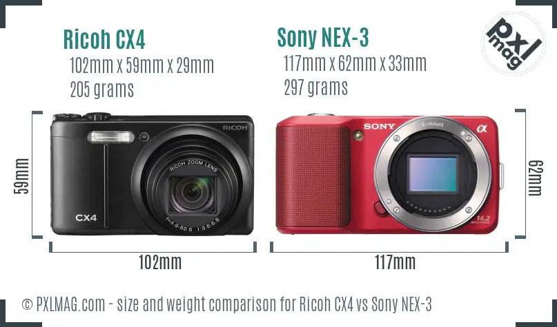 Ricoh CX4 vs Sony NEX-3 size comparison