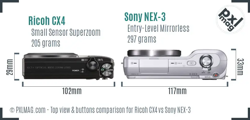 Ricoh CX4 vs Sony NEX-3 top view buttons comparison