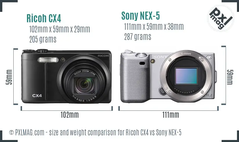 Ricoh CX4 vs Sony NEX-5 size comparison