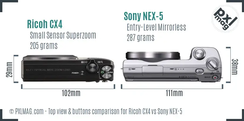 Ricoh CX4 vs Sony NEX-5 top view buttons comparison