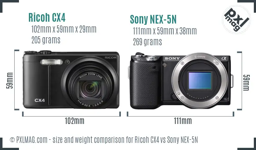 Ricoh CX4 vs Sony NEX-5N size comparison