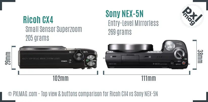 Ricoh CX4 vs Sony NEX-5N top view buttons comparison