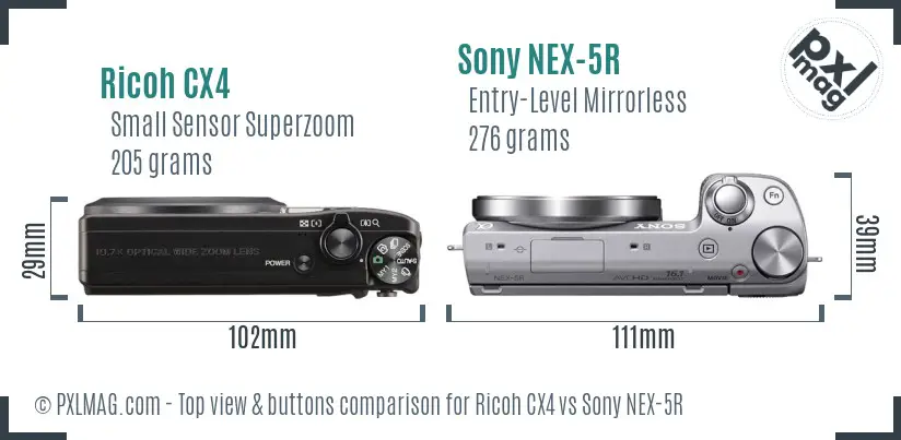 Ricoh CX4 vs Sony NEX-5R top view buttons comparison