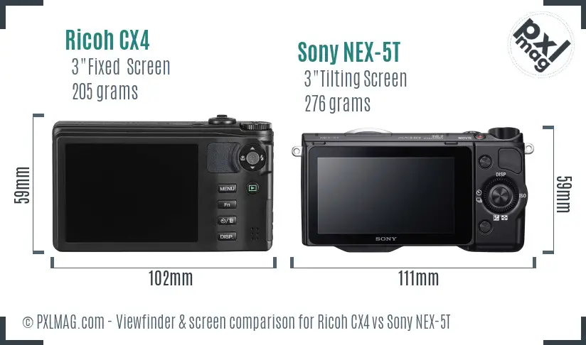 Ricoh CX4 vs Sony NEX-5T Screen and Viewfinder comparison