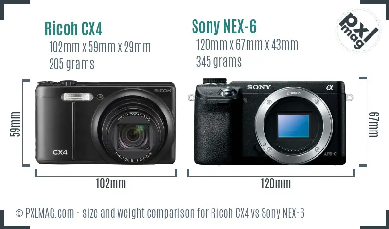 Ricoh CX4 vs Sony NEX-6 size comparison