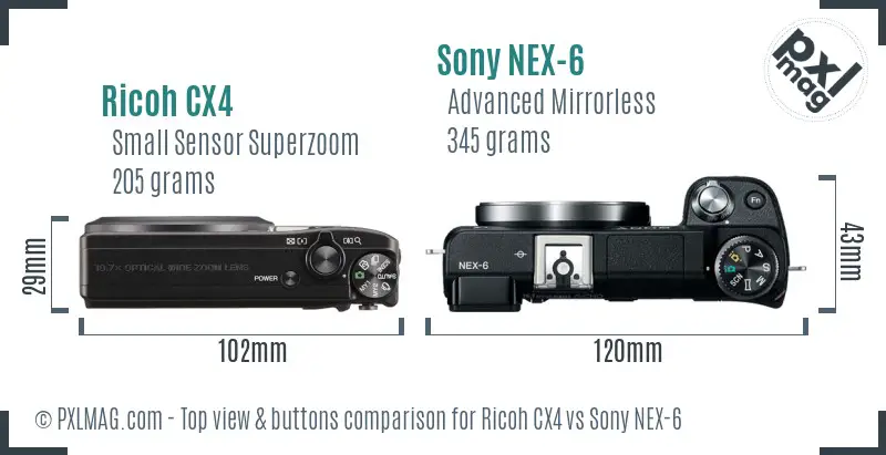 Ricoh CX4 vs Sony NEX-6 top view buttons comparison