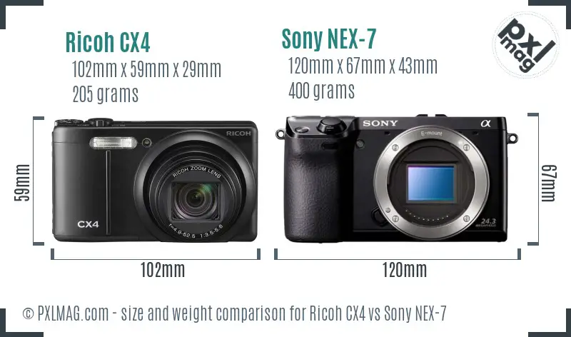 Ricoh CX4 vs Sony NEX-7 size comparison