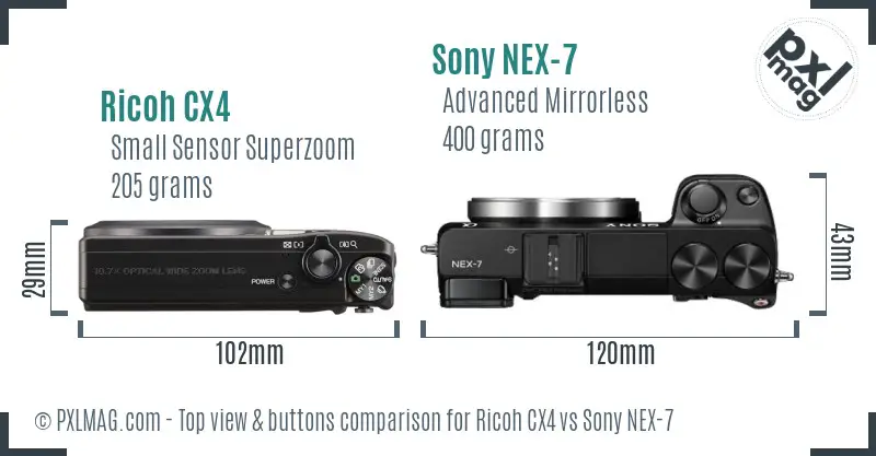 Ricoh CX4 vs Sony NEX-7 top view buttons comparison