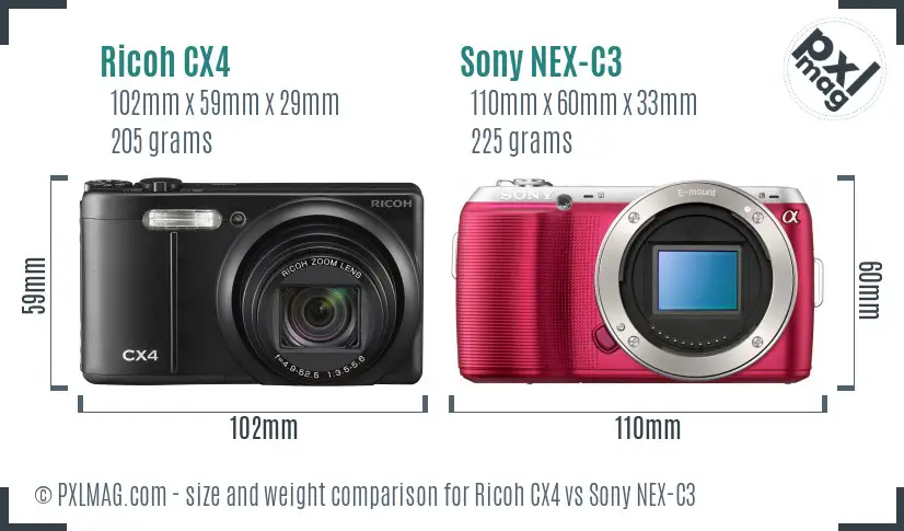 Ricoh CX4 vs Sony NEX-C3 size comparison