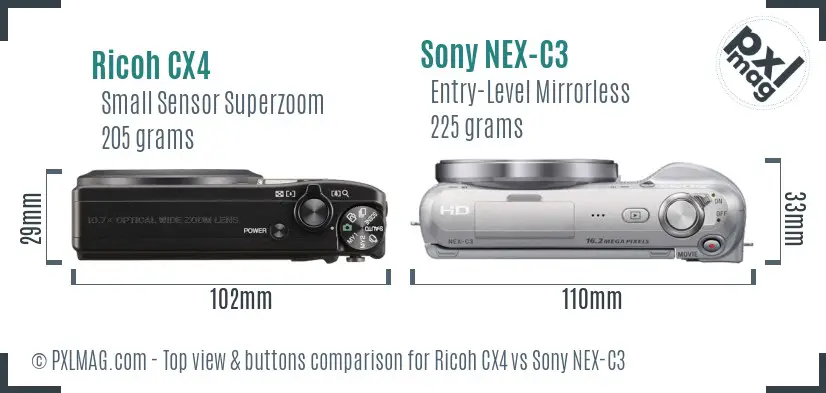 Ricoh CX4 vs Sony NEX-C3 top view buttons comparison