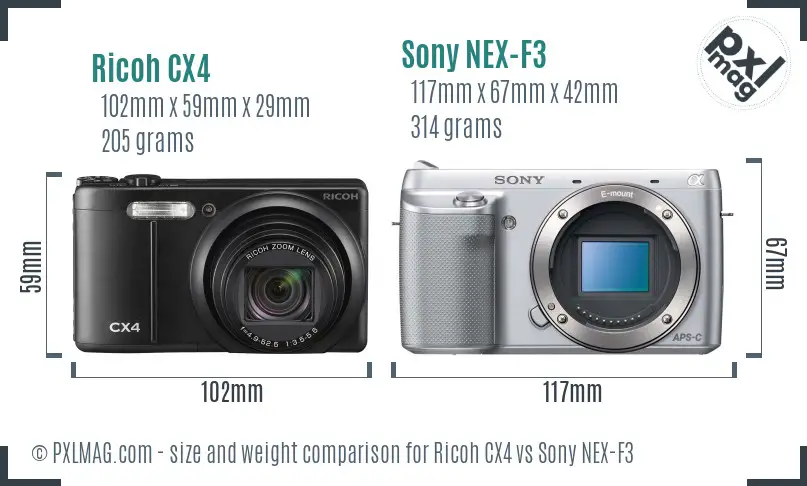 Ricoh CX4 vs Sony NEX-F3 size comparison