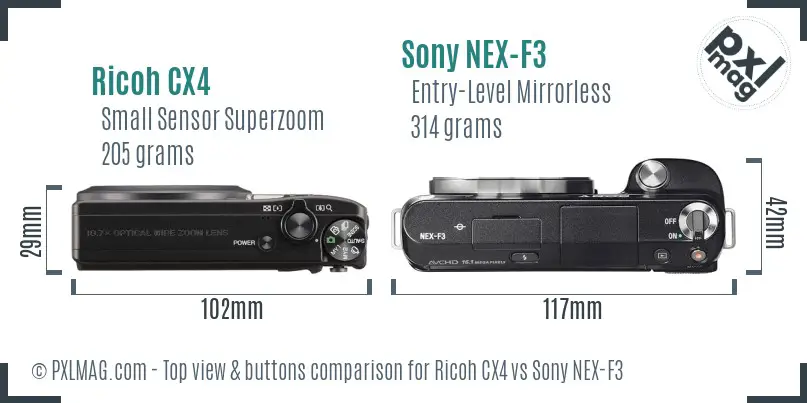 Ricoh CX4 vs Sony NEX-F3 top view buttons comparison