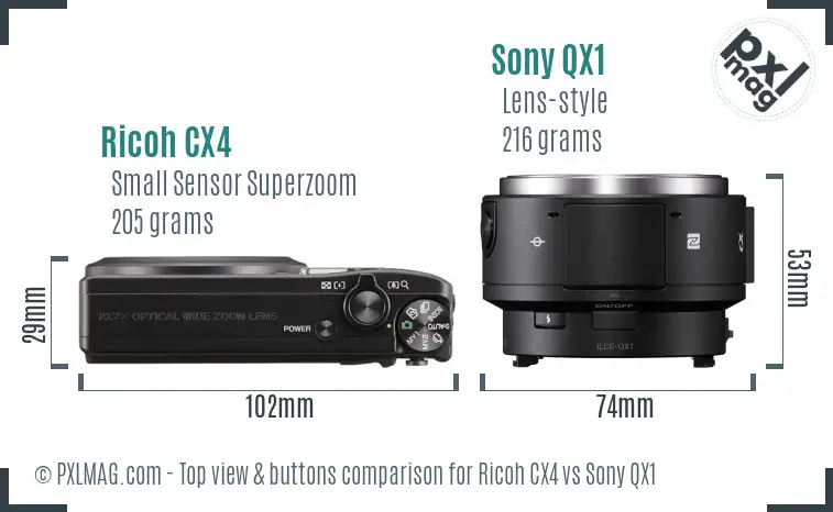 Ricoh CX4 vs Sony QX1 top view buttons comparison