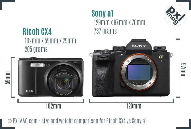 Ricoh CX4 vs Sony a1 size comparison