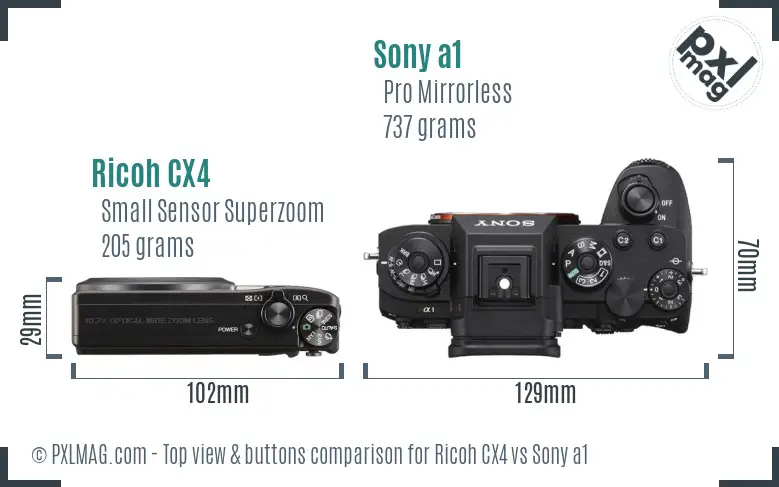 Ricoh CX4 vs Sony a1 top view buttons comparison