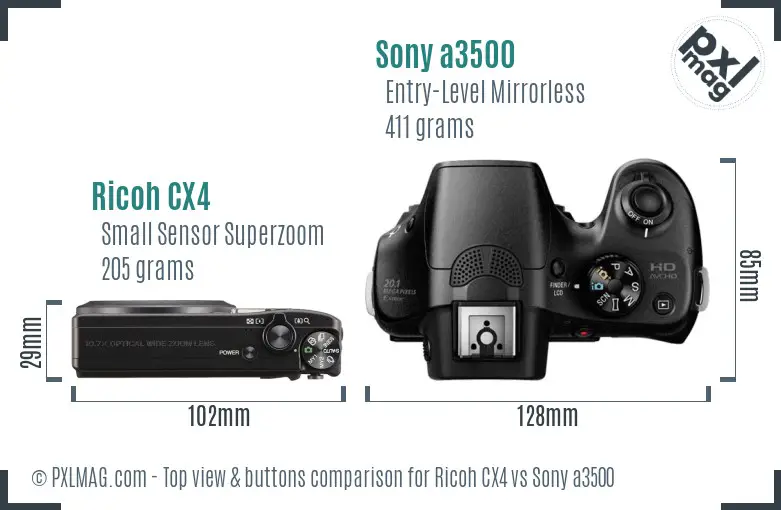 Ricoh CX4 vs Sony a3500 top view buttons comparison