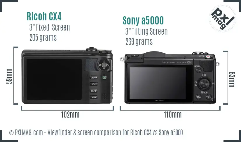 Ricoh CX4 vs Sony a5000 Screen and Viewfinder comparison