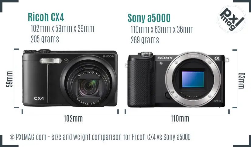 Ricoh CX4 vs Sony a5000 size comparison