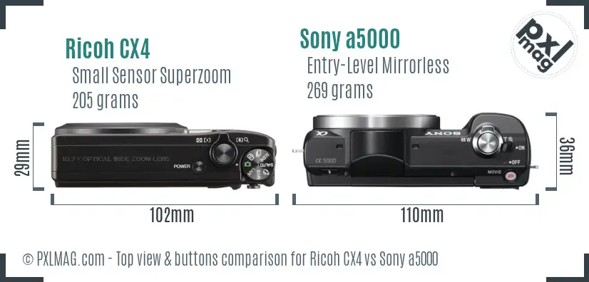 Ricoh CX4 vs Sony a5000 top view buttons comparison