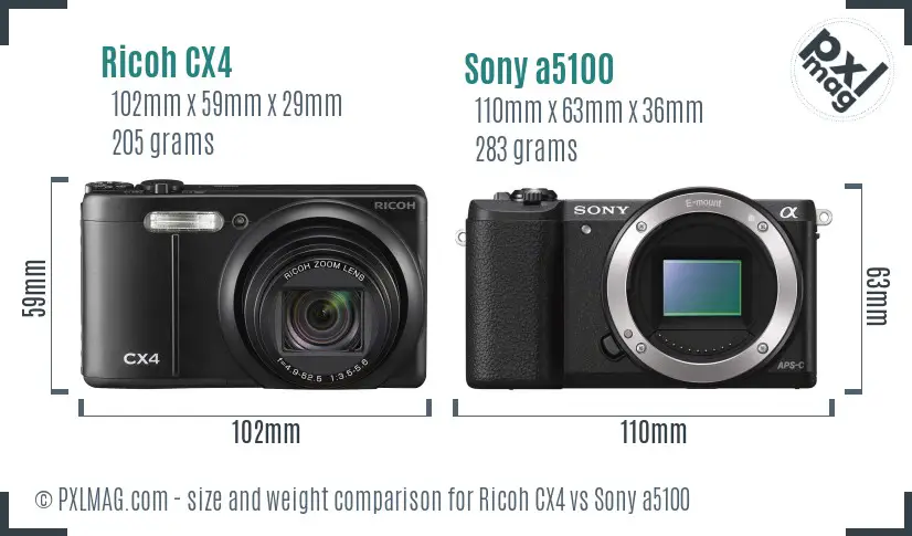 Ricoh CX4 vs Sony a5100 size comparison
